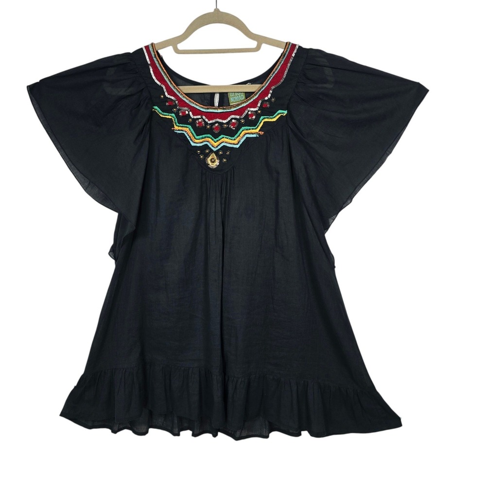 Urban Nomad Earthbound Black Embroidered Sequin Tunic‎ Top L/XL Butterfly Sleeve